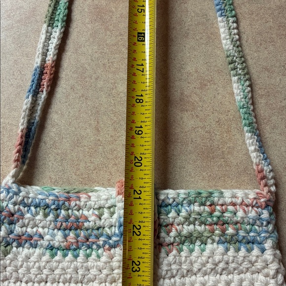 New Handcrafted Crochet Ivory With Blue/Pink/Green Crossbody Tote Bag - Picture 7 of 8